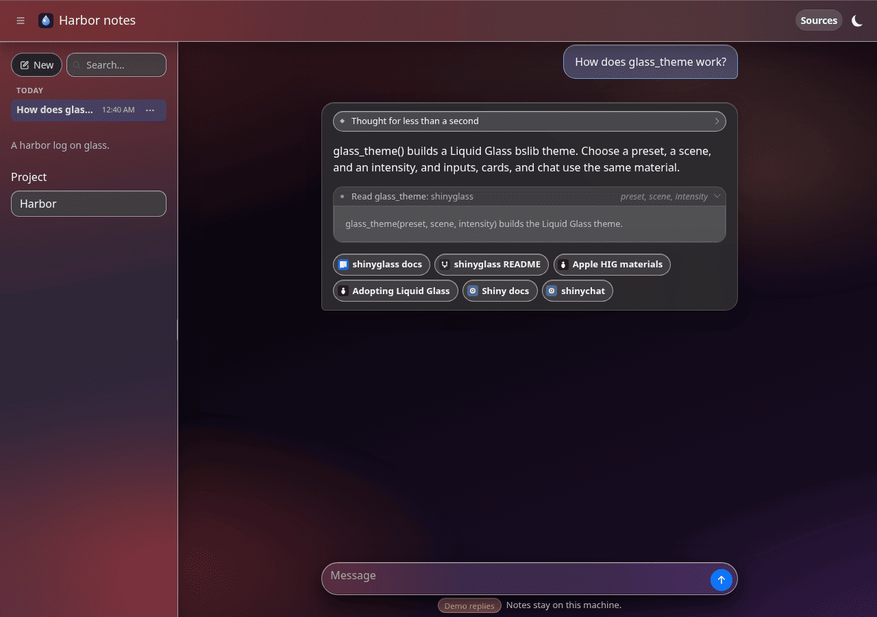 Harbor notes chat on Liquid Glass, dark mode