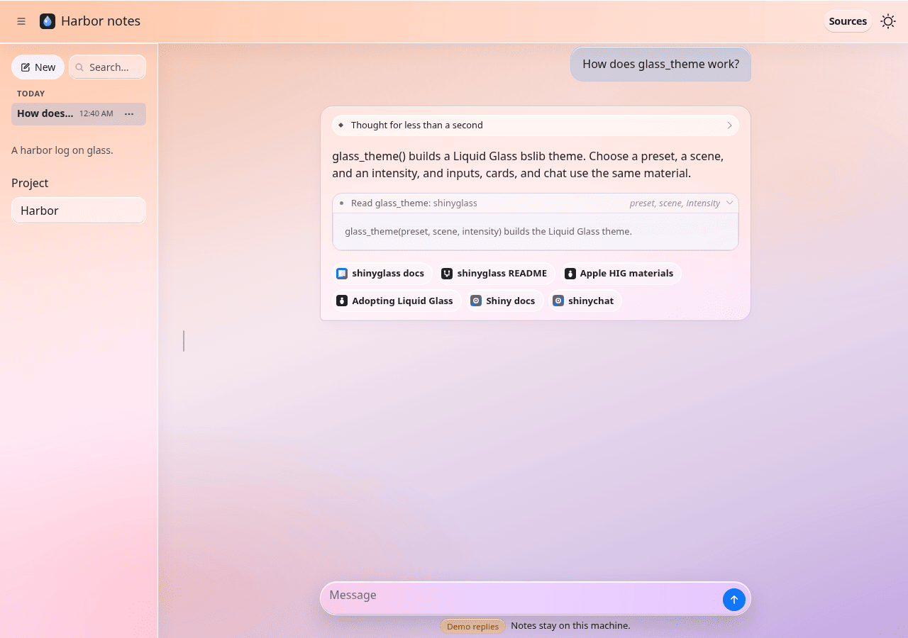 Harbor notes chat on a desktop browser, light mode