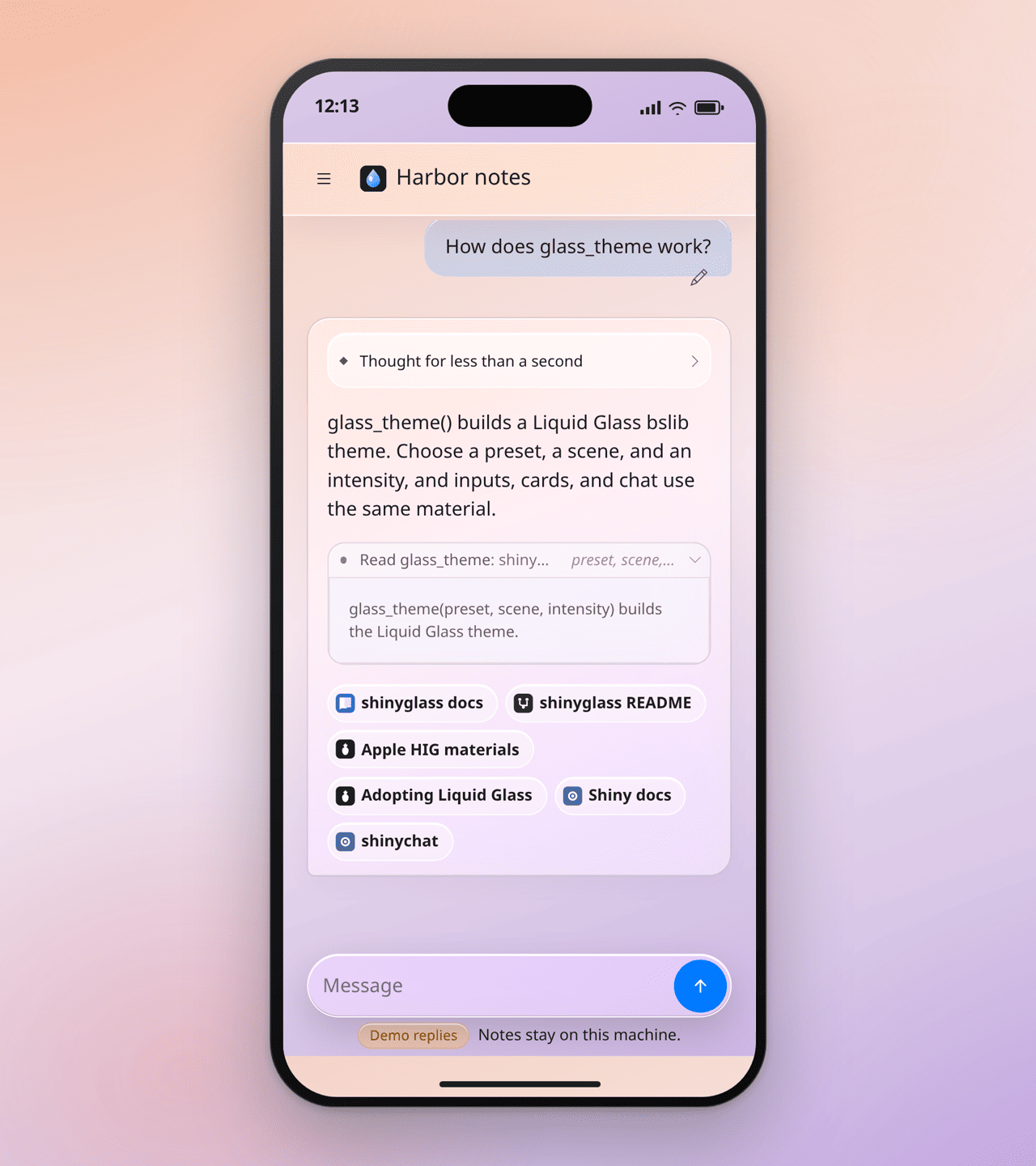 The same Harbor notes app in a phone-sized frame